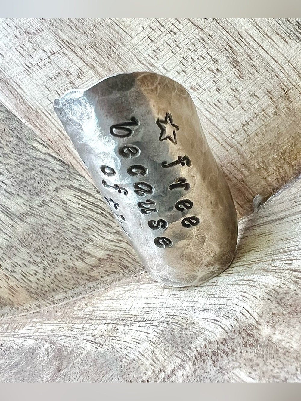 Hammered Vintage Spoon Ring “Free Because of the Brave" Hand Stamped Women’s - Picture 3 of 14
